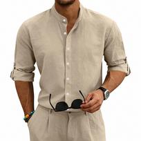 Men's Cotton Linen Stand Collar Shirt - Slim Fit Color Breathable for Casual Wear L