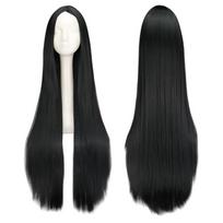 QQXCAIW juodas perukas 100 cm / 40 colių ilgi perukai Sintetiniai karščiui atsparūs Helovino karnavaliniai kostiumai Cosplay tiesūs plaukai 40inches black