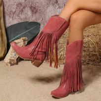 Women'S Tassel Thick Heel Long Boots Leather Pointed Toe Cowboy Boots Fashionable Casual Wear High Heels Boots For Women Real 36