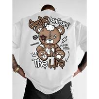 Summer new men's fashion style teddy bear letter print comfortable and breathable round neck T-shirt outdoor high street top 6XL beige