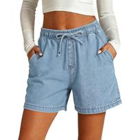 Womens High Waisted Jean Shorts Stretchy Drawstring Denim Shorts L