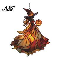 Fall Window Hanging Ornaments Witch Acrylic Suncatcher, Stained Glass Effect Car Ornament, Gothic Scary Spooky Home Decor with Pumpkin Lantern E