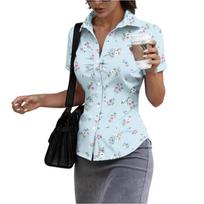 Women's Color Short Sleeve Button Down Shirt, Slim Fit Collar Blouse, Lightweight Casual Summer Top for Work L