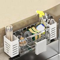 Carbon Steel Kitchen Sink Drain Rack Self-draining Large Capacity Soap Sponge Holder Space Saving with Chopsticks Holder