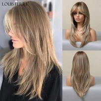 LOUIS FERRE ilgi tiesūs sintetiniai perukai su kirpčiukais Ombre Honey Brown iki blondinai perukas moterims Kasdienio naudojimo karščiui atsparūs netikri plaukai
