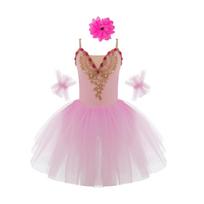 Girls Tutu Mesh Dance Dress Sleeveless Adjustable Spaghetti Straps Lace Rhinestone Decorated with Headdress 7-8 Years rožinė