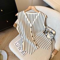 Plus Size Hong Kong Style Retro Color Block Knit Vest - Super Cute Sleeveless Summer Top M [For 80-100 Jin]