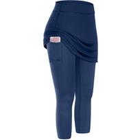 Women Tennis Skirted Leggings Pockets Elastic Sports Yoga Capris Skirts Legging S tamsiai mėlyna