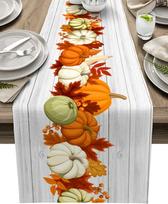 Fall Pumpkins Maple Leaf Wood Grain Linen Table Runner Party Decor Washable Kitchen Dining Table Runner Autumn Decorations 150x33cm