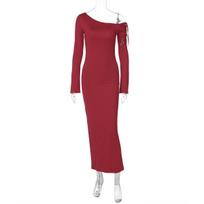 European American Style Solid Color Off Shoulder Slim Bodycon Long Sleeve Maxi Dress S