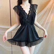Sexy Lingerie Women Deep V Lace Nightdress Sexy Pajamas Suit Erotic Lingerie Women Summer Sexy Suspenders Pajamas juoda