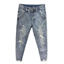 Men Hollow Jeans Slim Fit Denim Pants Ripped Copped Bottoms Stretch Trousers Personality Streetwear Clubwear Middle Waist 36