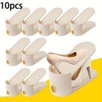 10PCS shoe rack with vertical design and gold ring. Made of durable polypropylene, it supports high heels and sneakers for stability 9.4*24.5CM