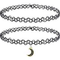 2PC Tattoo Choker Necklace for Women Girls - 90s  2000s Y2K Black Chokers - Butterfly Moon Charms - Stretchy Elastic Necklaces