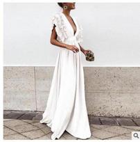 Women's V Neck Short Sleeve Maxi Dress Slim Fit Mid Rise Elegant Solid Chiffon Party Gown S
