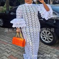 Women's Mock Neck Long Sleeve Maxi Dress Slim Fit High Waist Elegant Floral Lace Flare Sleeve Evening Dress S