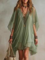 2026 summer new European and American women's clothing V-neck chiffon dress seaside vacation loose blouse beach dress S
