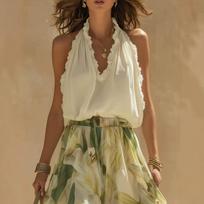 2026 European and American summer new V-neck waist ruffle edge temperament top + dress set women's clothing S