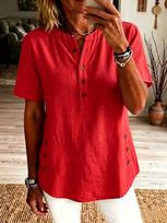 2026 Women's Summer Henley Collar Short-Sleeve Casual T-Shirt with Side Button-Up