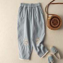 Flower Embroidery Casual Pants Literary Vintage Loose Slim Lace Cotton Wide Leg Trousers Breathable Harem Pants for Women 4XL