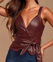 Women Top Burgundy Sleeveless Party Wear Handmade Lambskin Leather Stylish Casual S bordinė