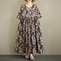 DIMANAF 2026 New Plus Size Spring Summer Beach Vintage Lady Long Dress Women Loose Oversize Maxi Floral Print one size