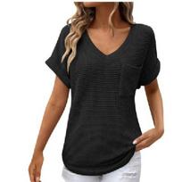 2026 Women's V-neck Summer Waffle Pocket Short Sleeve T-shirt S