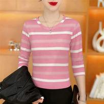 Spring 2026 Women's Striped Long Sleeve Round Neck Tummy-Slimming Mother's Top L