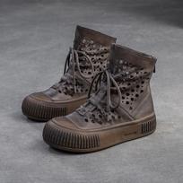 2026 Spring New First Layer Cowhide Hollow Out Clog Boots Retro Style Ventilated Ankle Shoes for Women 35