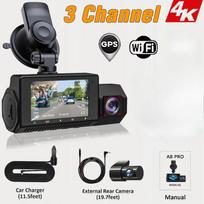 Nauja 3 kanalų automobilinė DVR Dash Cam 4K kamera GPS WiFi, skirta transporto priemonės prietaisų skydelio kamerai Black Box vaizdo registratorius, naktinio matymo automobilio priedai 3 DVR+WiFi+GPS+16G