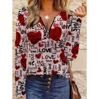 New women's slim-fitting zipper long-sleeved top with red heart LOVE printed all over, fashionable and versatile for commuting and daily travel wear M