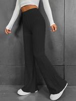 Women's High Waist Ribbed Knit Flare Pants Slim Fit Streetwear Solid Color Long Bell Bottom Trousers Spring Fall Casual Lounge Bottoms S