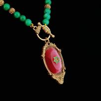 Vintage Mid-century Sweater Chain, Carved Stone Pendant, Green Chalcedony OT Necklace, Retro Women's Neckpiece