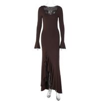 Women Sexy Slim Solid Color Ruffled Slit Flare Long Sleeve Bodycon Mini Dress S
