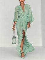 2026 European and American women's fashion dress pleated evening dress elegant split temperament long dress S
