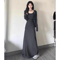 Women's Square Neck Long Sleeve Maxi Dress Slim Fit Ruched A Line Solid Color Elegant French Fall Layering Long Dress S