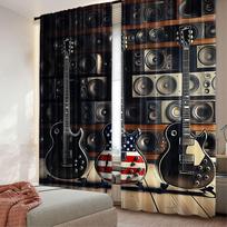2 vnt. Amerikos vėliavos užuolaida Juoda ir JAV bosinė gitara Elektroninės roko muzikos tema Miegamajam, svetainei ir valgomajam 60×150 gray