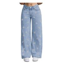 Girl's Bow Cherry Print Baggy Jeans Wide Leg Mid Waisted Denim Pants S šviesiai mėlyna spalva