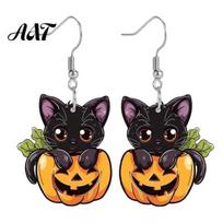 Polished Smooth Edge Jewelry Halloween Black Cat Pumpkin Dangle Earrings, Cute Cartoon Animal Drop Creative Gift for Women Girls, Novelty Holiday A