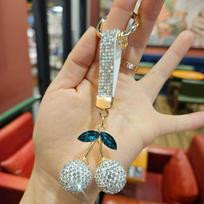 Korean Ins Full Rhinestones Cherry Keychain Blingbling Bag Charm Crystal Cherry Pendant  Girls Boys