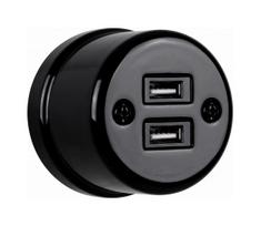 Elhard - sieninė keraminė retro rozetė 2x USB-A, juoda