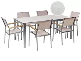 Sodo baldų komplektas 6 asmenims COSOLETO/GROSSETO baltas/rusvas grūdintas stiklas marmuro efektas