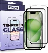 FoneKit Full Cover - Tempered Glass, iPhone 15 Plus (2.5D full cover, full adhesive glass)