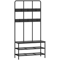 HOMCOM 3-in-1 Drabužinė, Drabužių Kabykla, Suoliukas, Batų Lentyna, Metalo, Medžio Drožlių Plokštė, Juoda