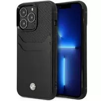 BMW BMHCP14X22RSEPK dėklas iPhone 14 Pro Max 6.7″ juodos spalvos odinis dėklas su kortelių dėklu