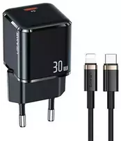 USAMS Tinklo įkroviklis 1xUSB-C T45 30W PD3.0 Fast Charging +kabelis U63 USB-C/Lightning juodos spalvos UXTZH01 (USAMS-UX)