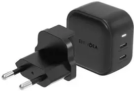ENERGEA Laidinis įkroviklis 2xUSB-C PD-PPS 45W 2C juodos spalvos US+EU Travelite GAN45