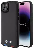 Dėklas BMW BMHCP15M22PTDK Apple iPhone 15 Plus / 14 Plus 6.7″ juodos spalvos Leather Stamp Tricolor