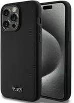 Tumi TUHMP15XRBAK Apple iPhone 15 Pro Max 6.7" juodos spalvos kietas dėklas, odinis balistinio rašto MagSafe dėklas