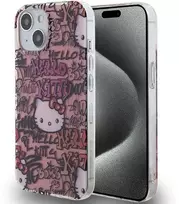 Hello Kitty HKHCP15SHDGPTP iPhone 15 / 14 / 13 6.1″ rožinės spalvos kietas dėklas IML Tags Graffiti